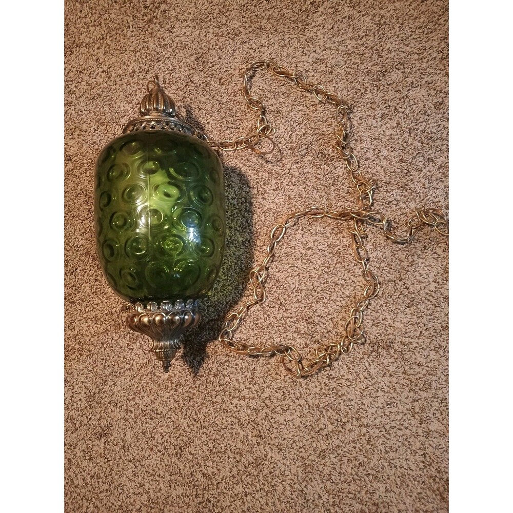 Green Glass Brass Swag Lamp Mid-Century Modern Globe Shade 1960s Hanging